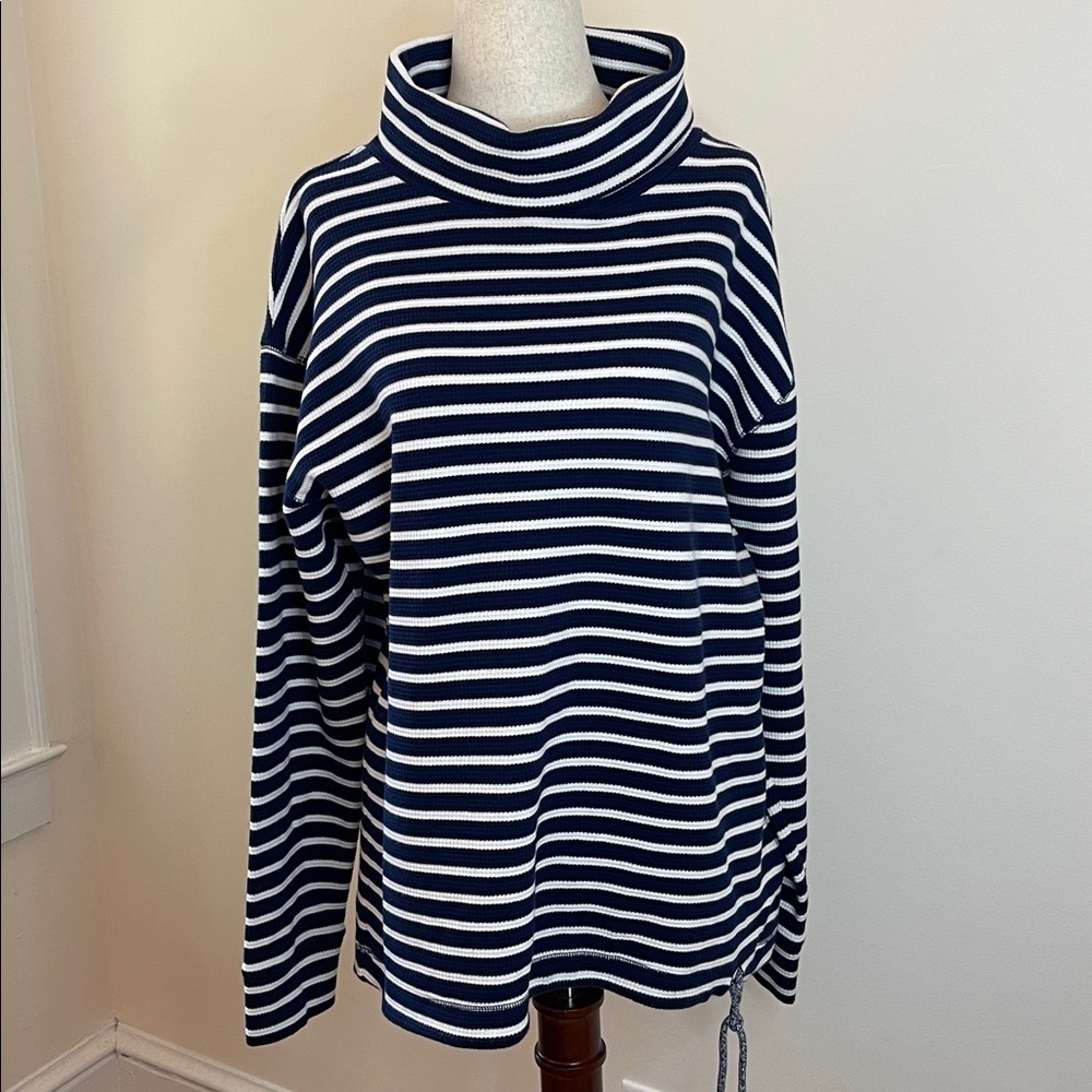 Lands’ End Navy White Striped Pullover Turtleneck Size M Oversized Cotton Blend